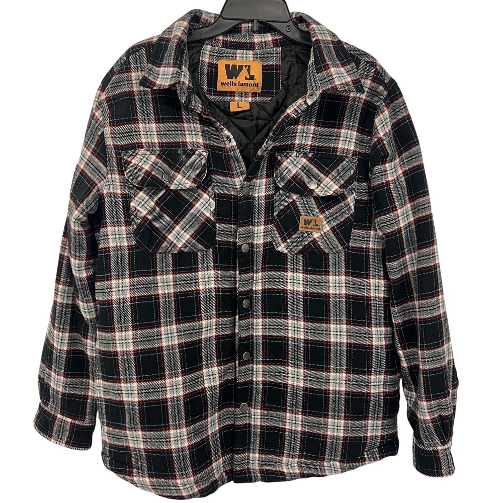 Wells Lamont Jacket Mens Large Black Plaid‎ Quilted Flannel Shirt Shacket